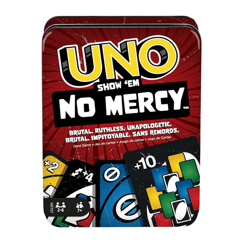 Mattel Games UNO Show ‘em No Mercy Card Game in Storage & Travel Tin for Kids, Adults & Family Night with Extra Cards, Special Rules & Tougher Penalties