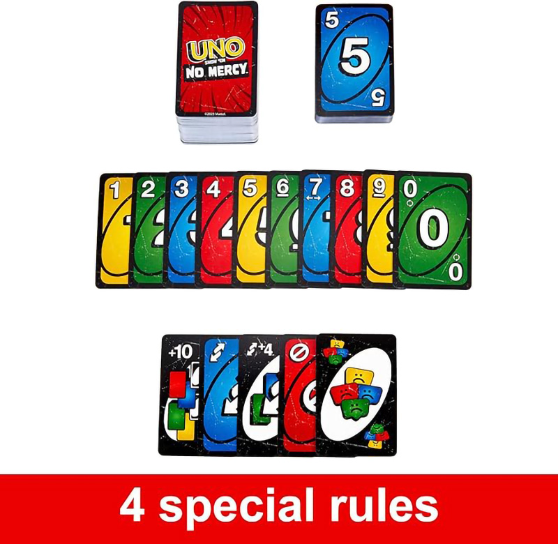 Mattel Games UNO Show ‘em No Mercy Card Game in Storage & Travel Tin for Kids, Adults & Family Night with Extra Cards, Special Rules & Tougher Penalties