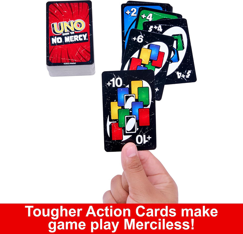 Mattel Games UNO Show ‘em No Mercy Card Game in Storage & Travel Tin for Kids, Adults & Family Night with Extra Cards, Special Rules & Tougher Penalties