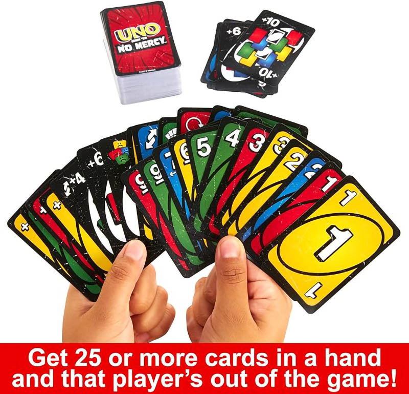 Mattel Games UNO Show ‘em No Mercy Card Game in Storage & Travel Tin for Kids, Adults & Family Night with Extra Cards, Special Rules & Tougher Penalties